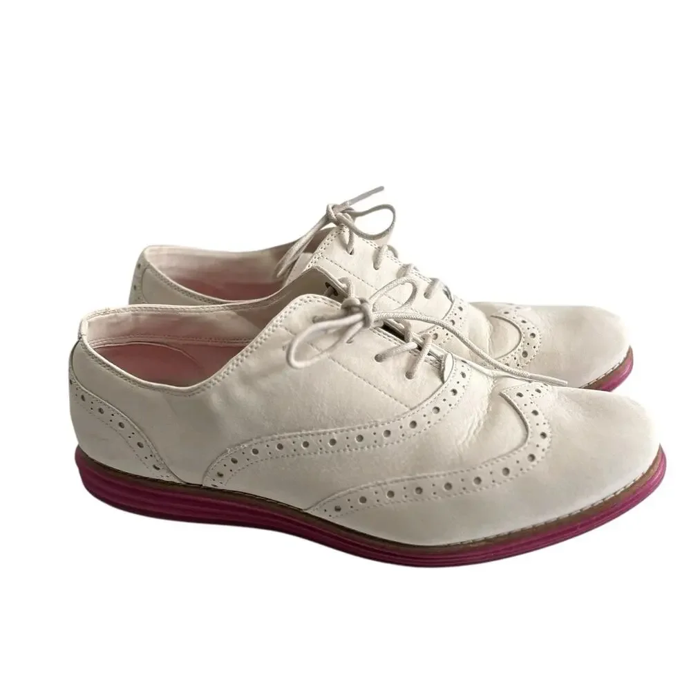 Cole Haan ZeroGrand Oxford Shoes Women 10 White Suede Pink Sole Lace Up Wingtip - Picture 9 of 12